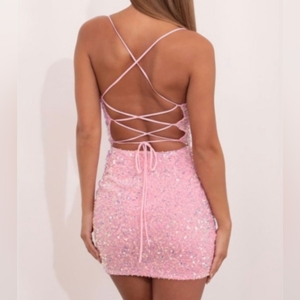 Lucy in the Sky Pink Sequin Mini Dress Open Back Lace Up XSmall